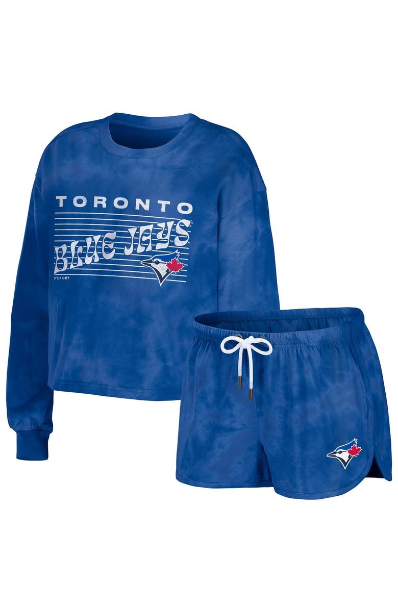 WEAR by Erin Andrews Women's WEAR by Erin Andrews Royal Toronto Blue Jays Tie-Dye Cropped Pullover Sweatshirt & Shorts Lounge Set, Main, color, 