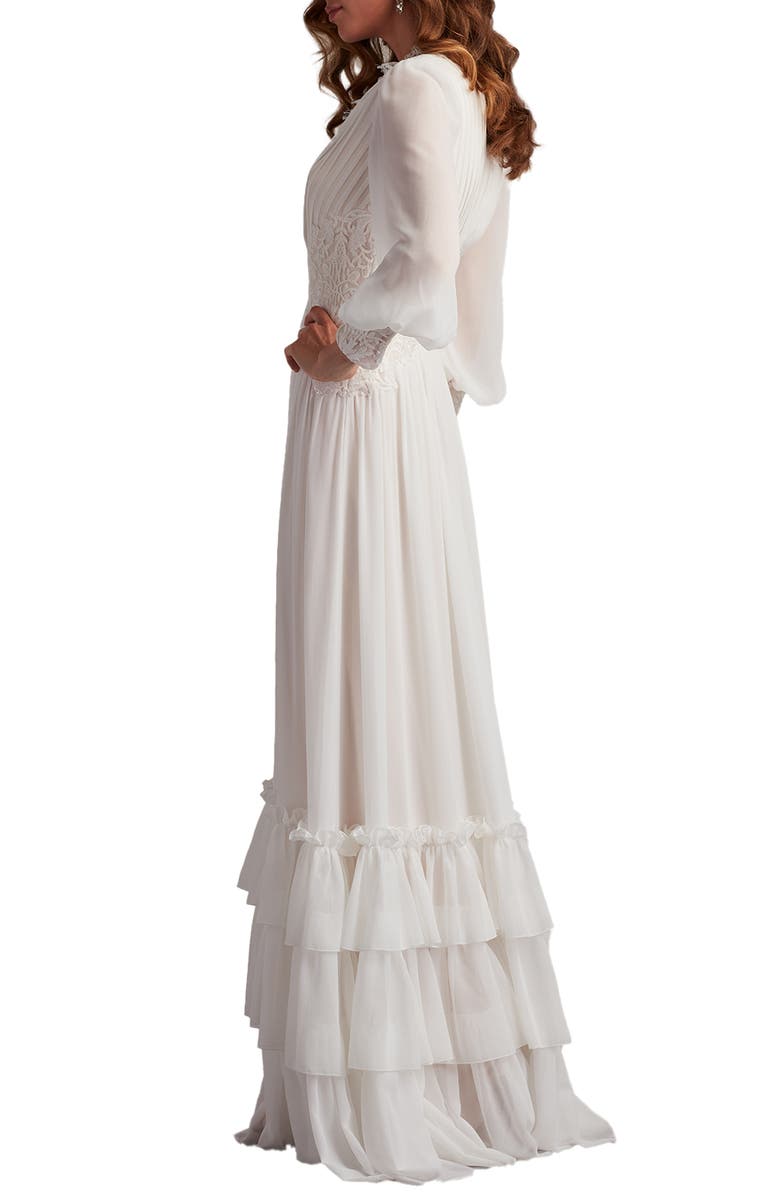 Tadashi Shoji Ruffle Pleated Long Sleeve Chiffon Gown, Alternate, color, Ivory/ Petal