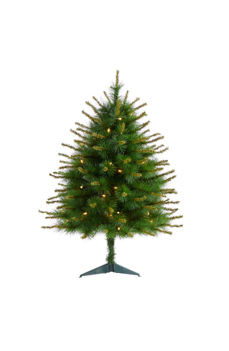 NEARLY NATURAL 3-ft New England Pine Artificial Christmas Tree with 50 Clear Lights and 117 Bendable Branches, Main, color, Green