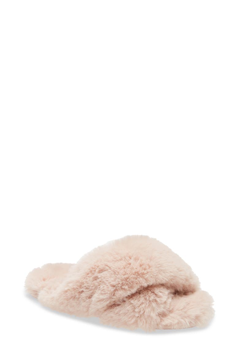 Faux Shearling Crossover Slide Slipper, Main, color, PINK