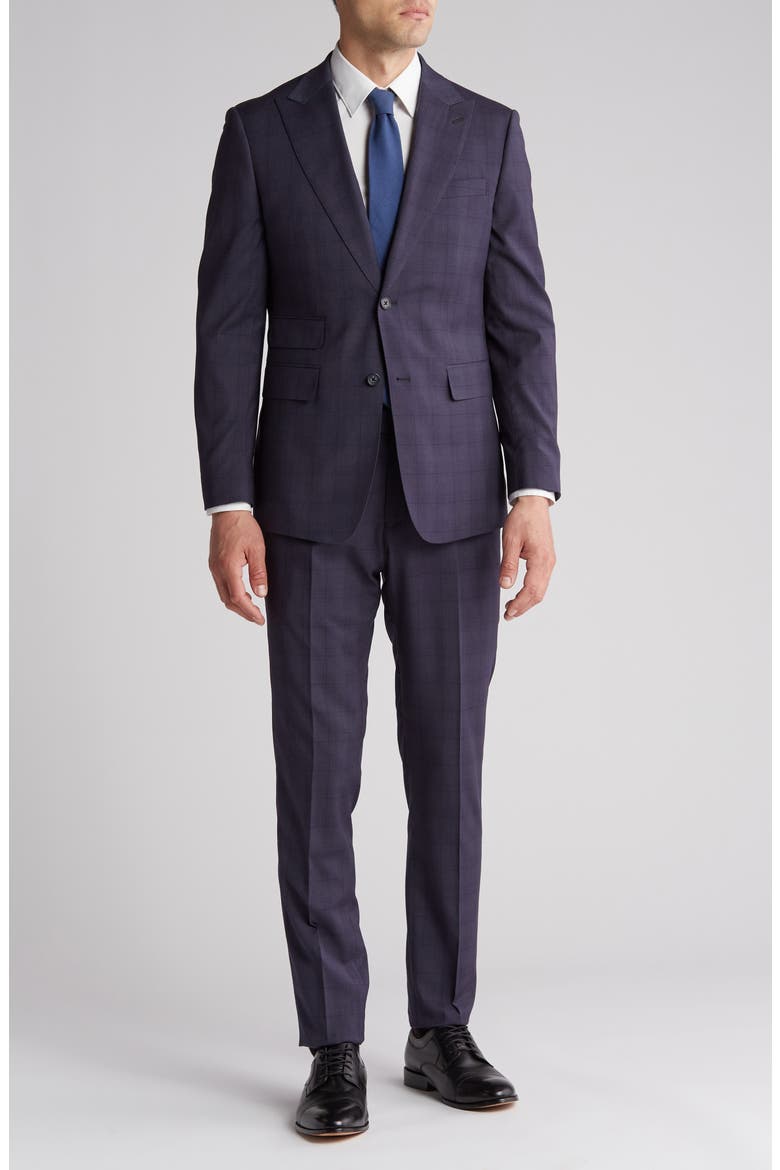 Plaid Trim Fit Peak Lapel Two-Piece Suit, Main, color, GRAY
