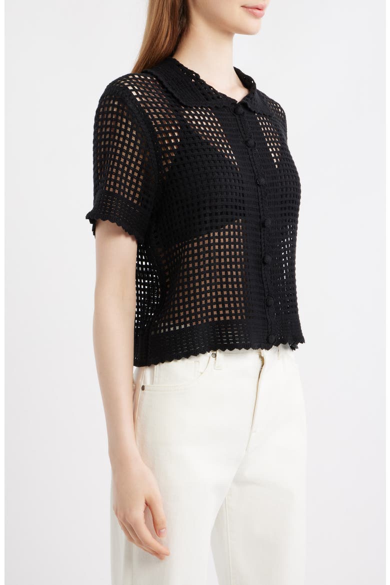 The Crochet Short Sleeve Button-Up Shirt, Alternate, color, BLACK