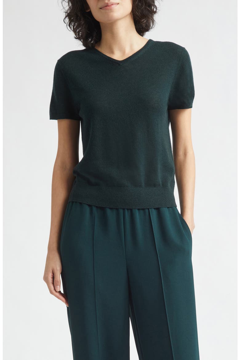 High V-Neck Short Sleeve Wool Sweater, Main, color, JUNIPER