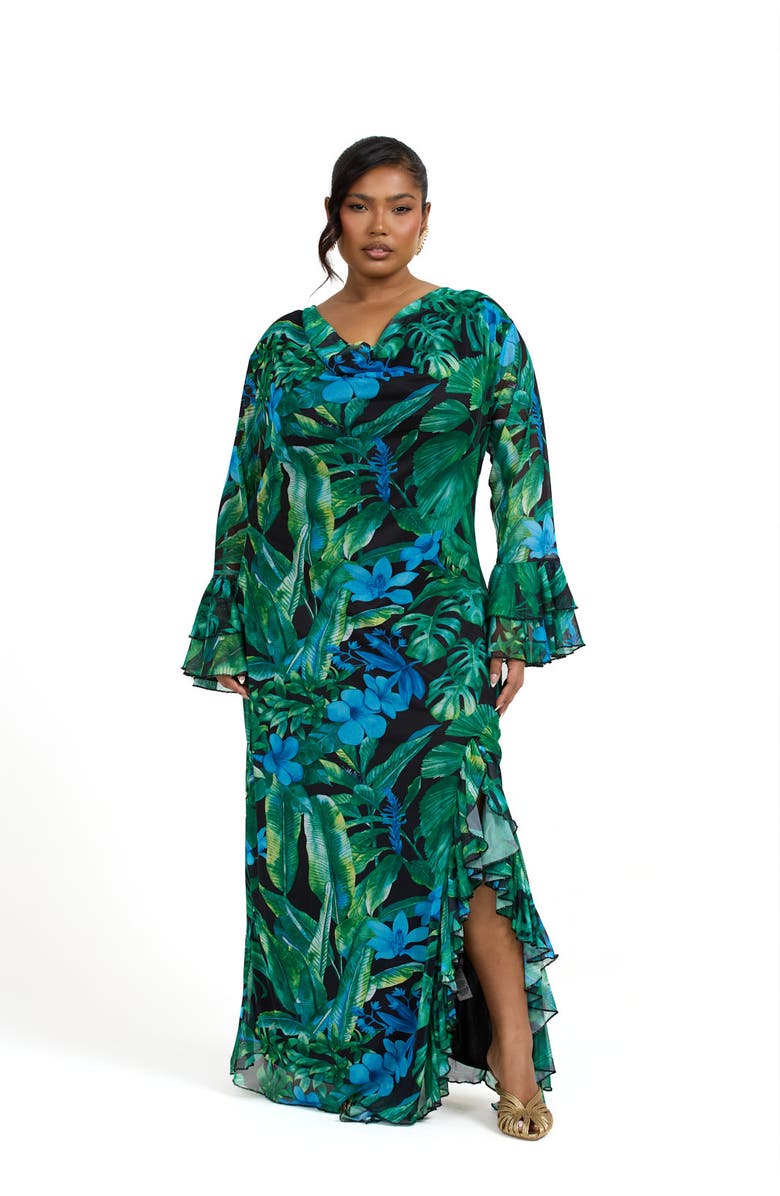 FASHION-SZN CURVE Ruffle Cowl Neck Palm Print Maxi Dress, Main, color, Green