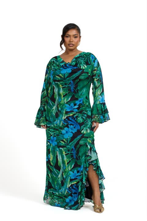 Ruffle Cowl Neck Palm Print Maxi Dress