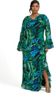 FASHION-SZN CURVE Ruffle Cowl Neck Palm Print Maxi Dress
