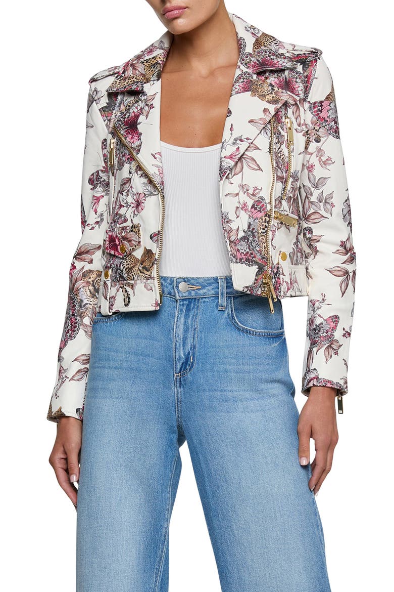 Blakely Butterfly Leopard Print Crop Leather Biker Jacket, Main, color, WHITE MULTI BUTTERFLY
