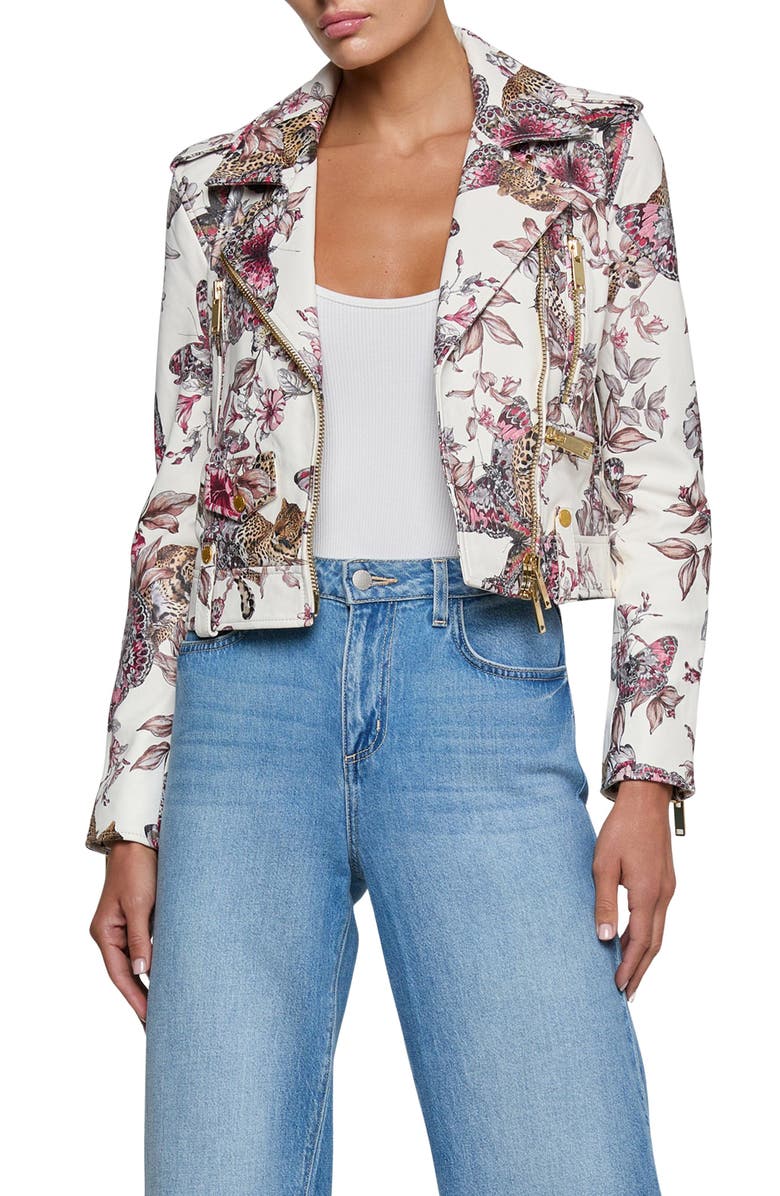 L'AGENCE Blakely Butterfly Leopard Print Crop Leather Biker Jacket, Main, color, White Multi Butterfly