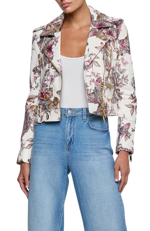 Blakely Butterfly Leopard Print Crop Leather Biker Jacket
