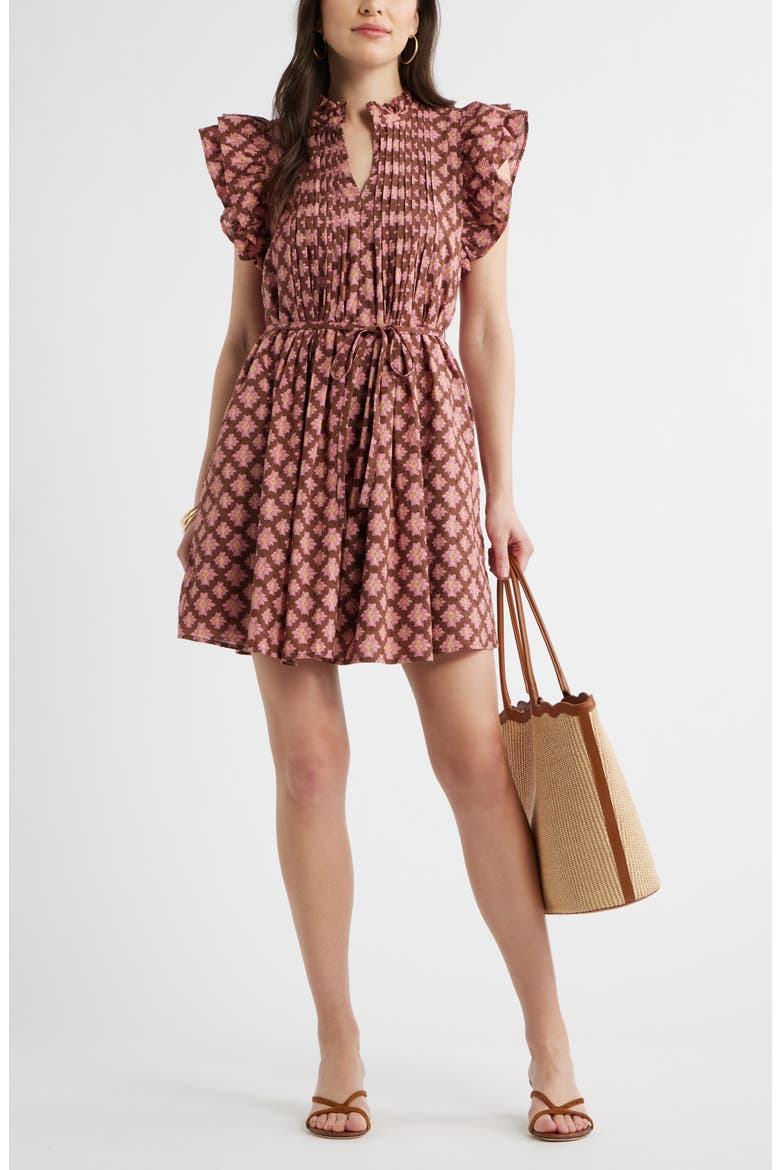 Ruffle Tie Waist Dress, Alternate, color, BROWN- PINK MILLIE TILE