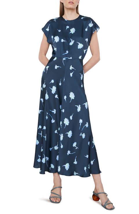Sea Carnation Floral Satin Midi Dress