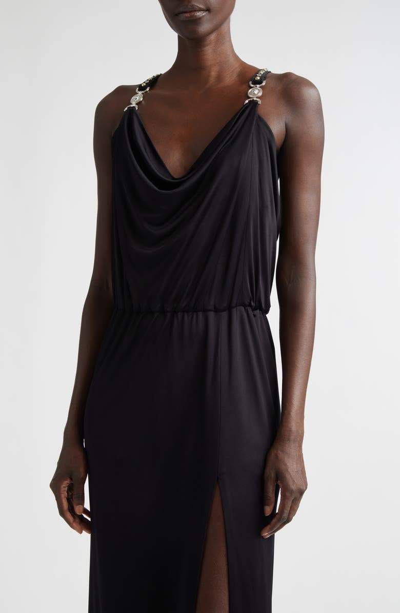 Versace Gathered Liquid Jersey Gown, Alternate, color, Black