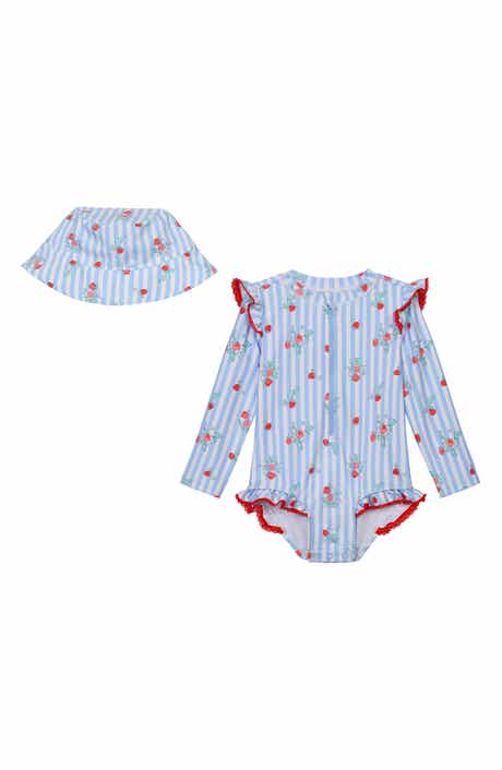OSHKOSH BGOSH Ruffled Long Sleeve One-Piece Rashguard Swimsuit & Hat Set