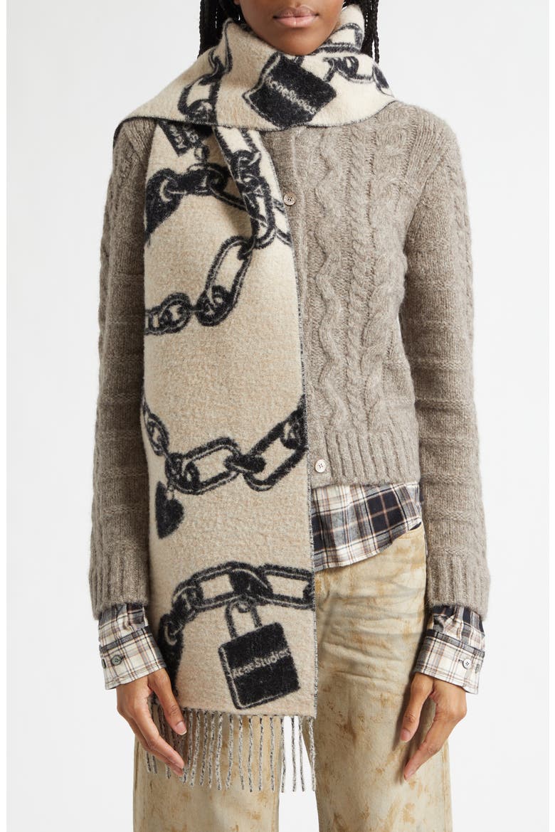 Vilma Chain Wool Blend Scarf, Alternate, color, BEIGE/ BLACK