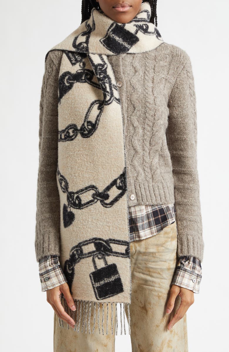 Acne Studios Vilma Chain Wool Blend Scarf, Alternate, color, Beige/ Black