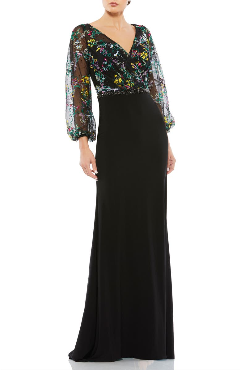 Mac Duggal Embroidered Illusion Puff Sleeve Column Gown, Main, color, Black Multi