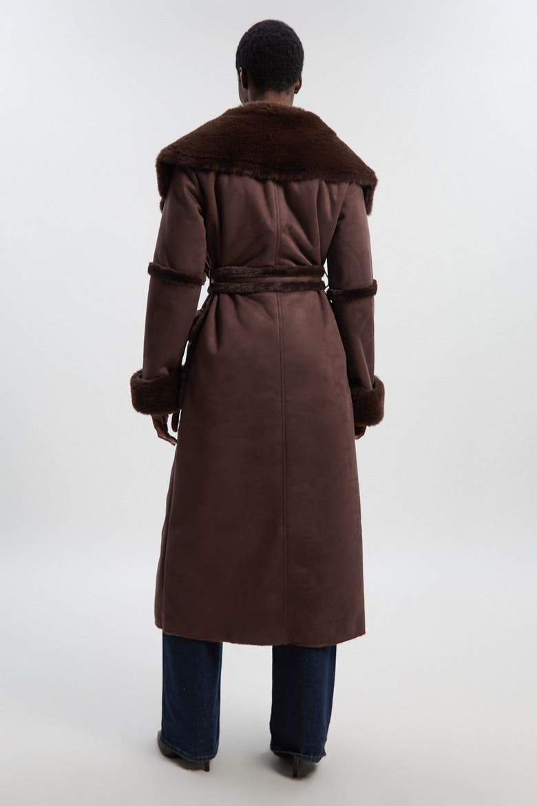 Faux Shearling Belted Maxi Coat, Alternate, color, Chocolate