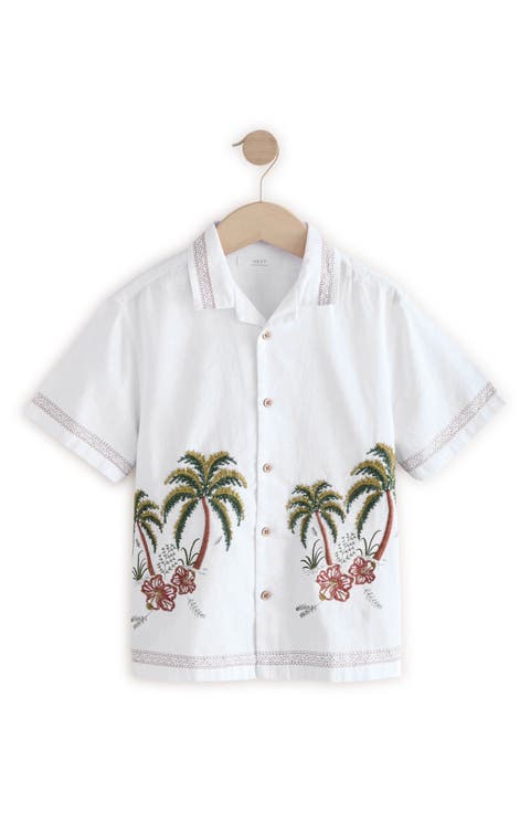 Kids' Palm Tree Embroidered Short Sleeve Linen & Cotton Button-Up Shirt (Little Kid & Big Kid)