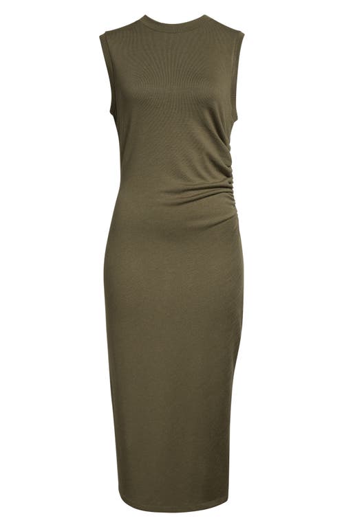 Shop Vince Side Ruched Sleeveless Knit Midi Dress In Moss Smoke