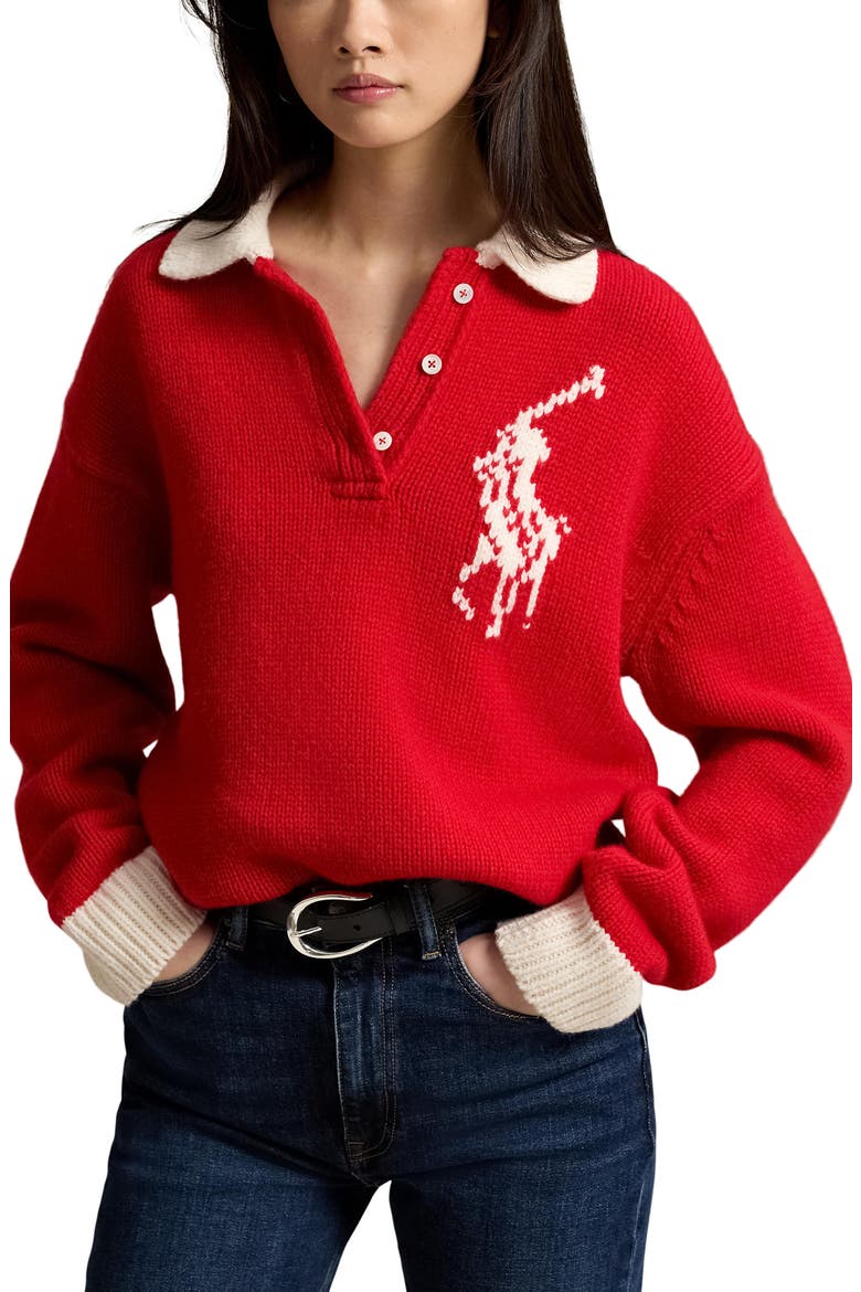 Wool Polo Sweater, Main, color, RL2000 RED/ CREAM