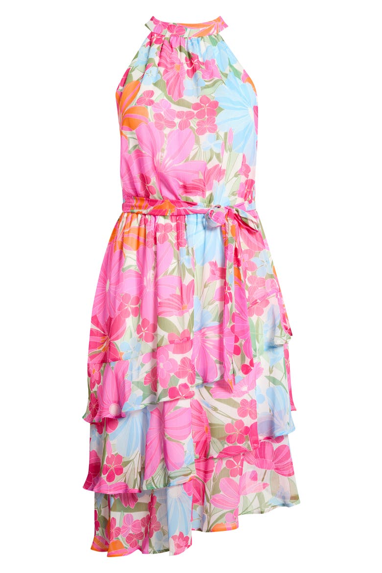 Calista Floral Ivone Ruffle Midi Dress, Alternate, color, PINK-BLUE-MULTI