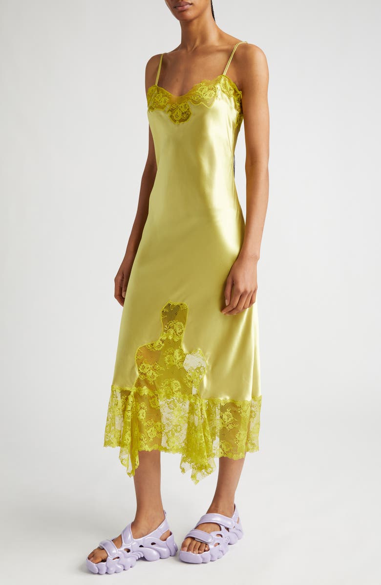 Collina Strada Ammi Lace Detail Handkerchief Hem Satin Slipdress, Main, color, 