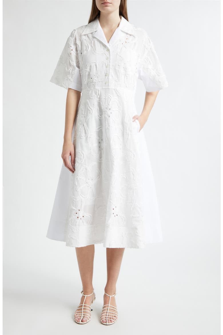 Floral Appliqué Midi Shirtdress, Main, color, WHITE