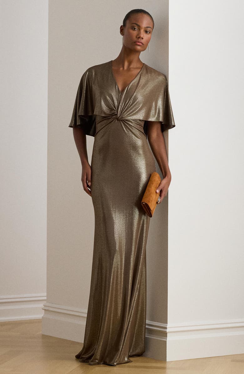 Lauren Ralph Lauren Phinya Metallic Twist Front Capelet Gown, Alternate, color, Dark Taupe/ Light Gold Foil