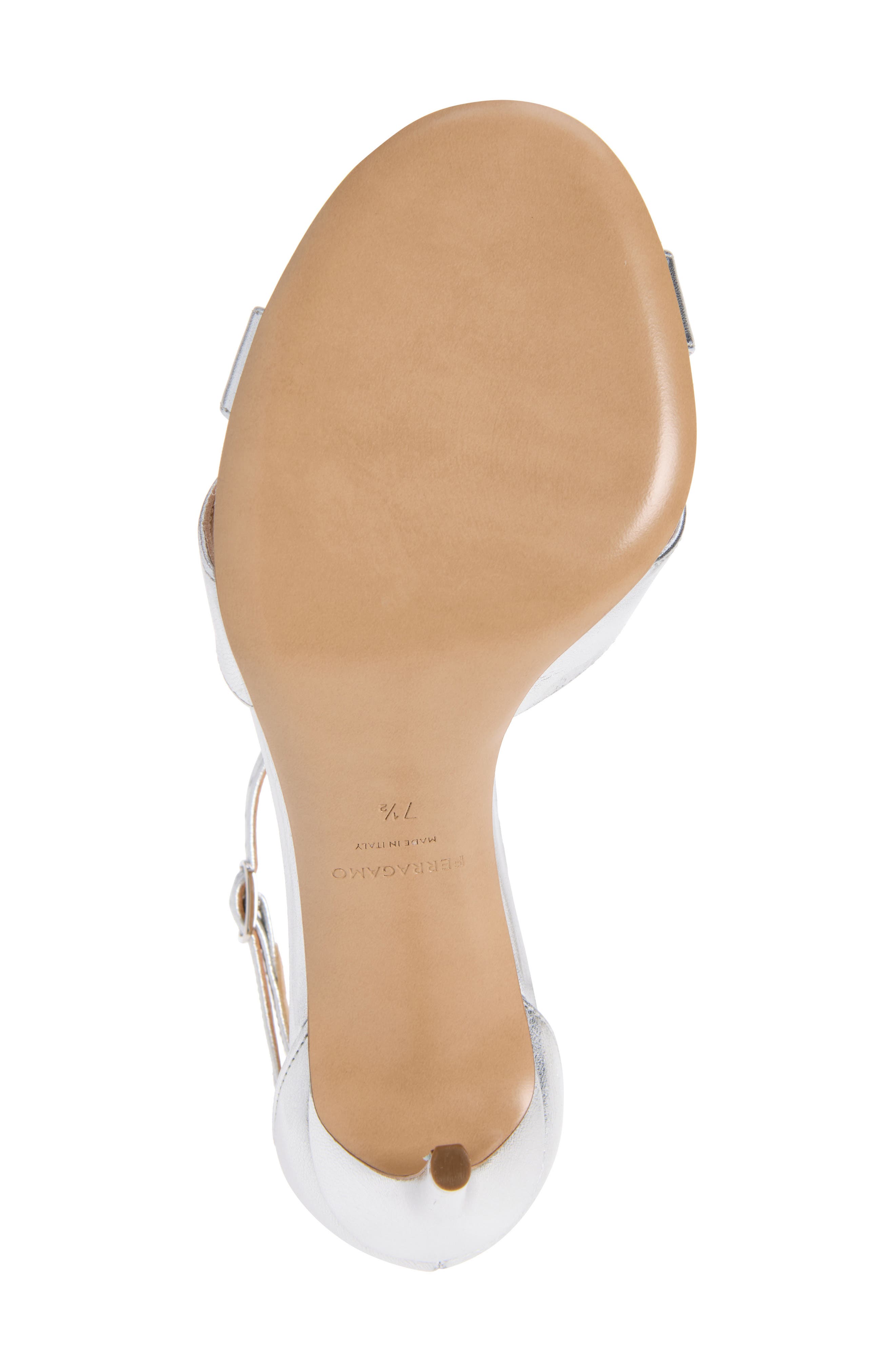 FERRAGAMO Roxy Metallic Bow Ankle Strap Sandal, Alternate, color, Silver Fondo Bianco Biscotto