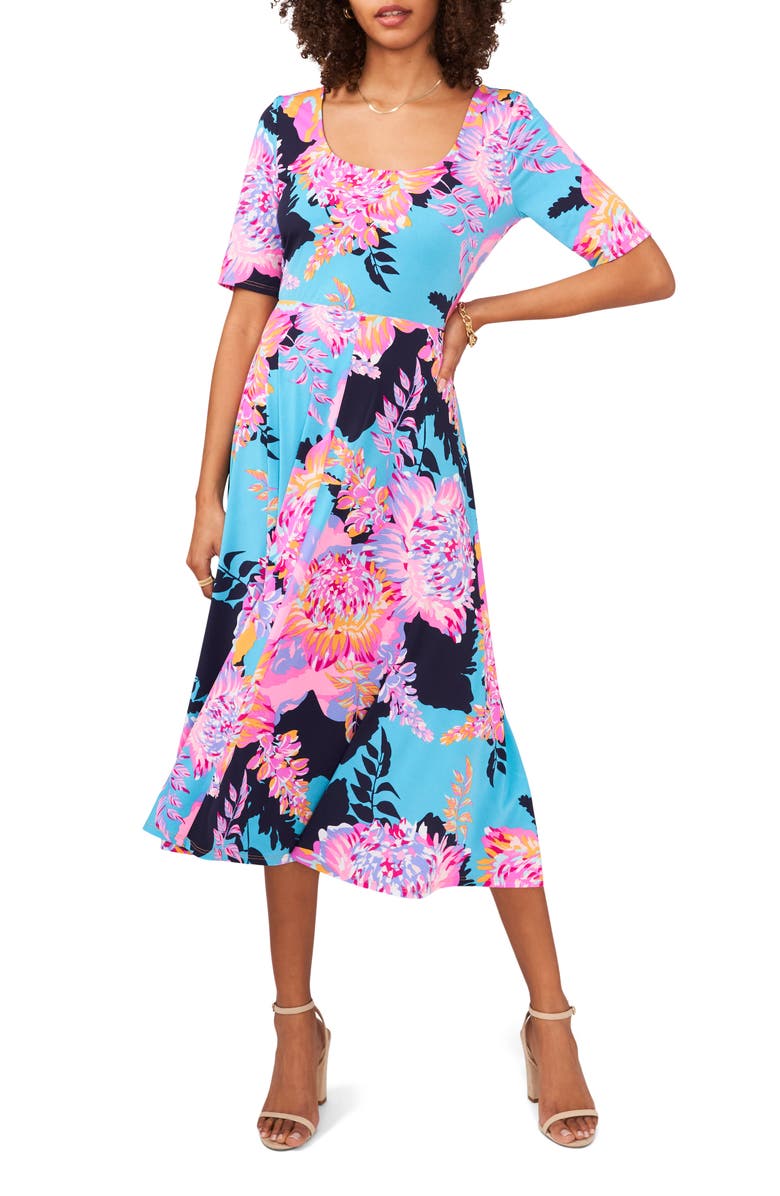 Chaus Elbow Sleeve Fit & Flare Dress, Main, color, Aqua