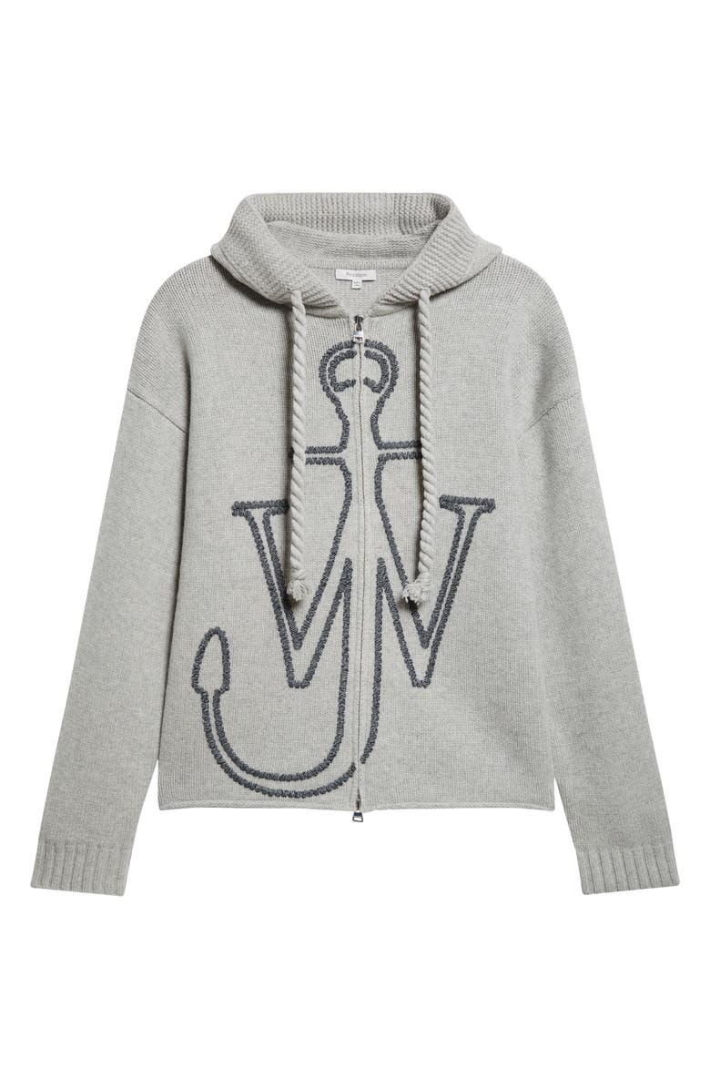 JW Anderson Anchor Embroidered Zip Hoodie Sweater, Alternate, color, Light Grey Melange