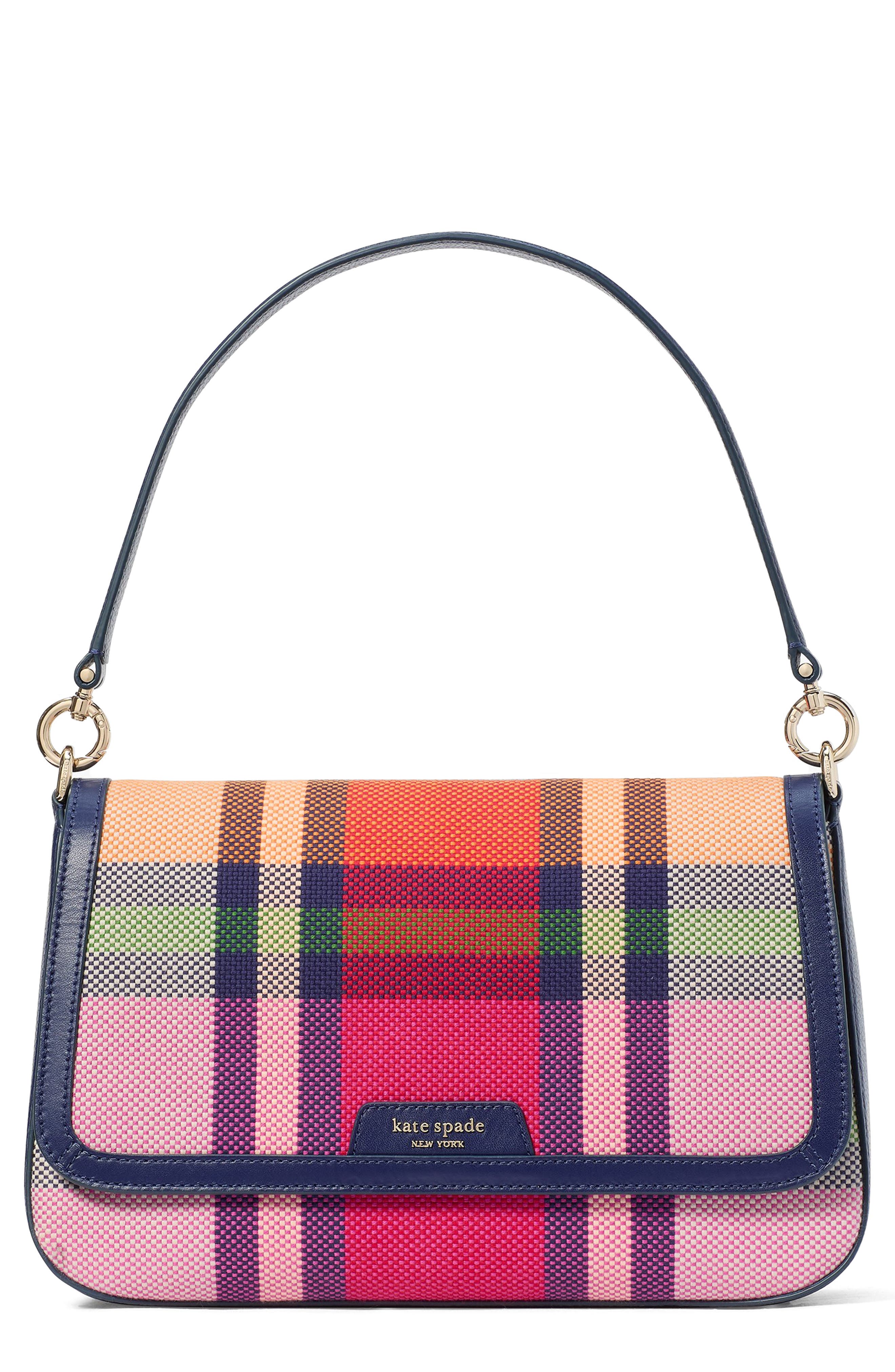 Kate Spade New York hudson grand plaid flap shoulder bag in Pink Multi 