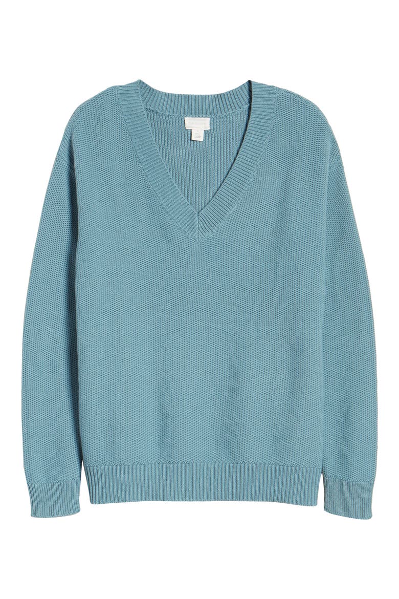 V-Neck Cotton Seed Stitch Sweater, Alternate, color, BLUE SMOKE