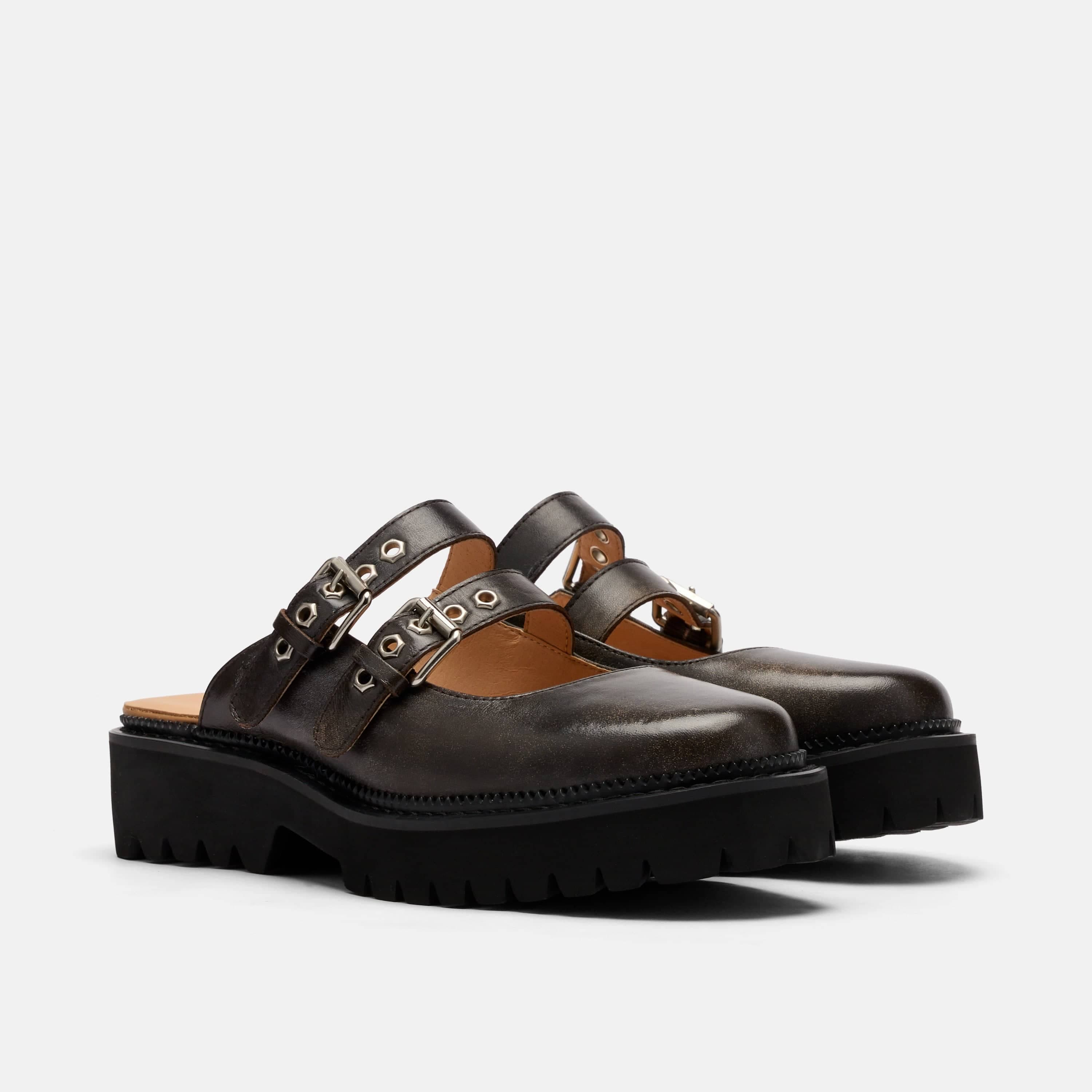 MARC NOLAN Lexi Leather Double-Buckle Lug Mules, Alternate, color, Brown Distressed