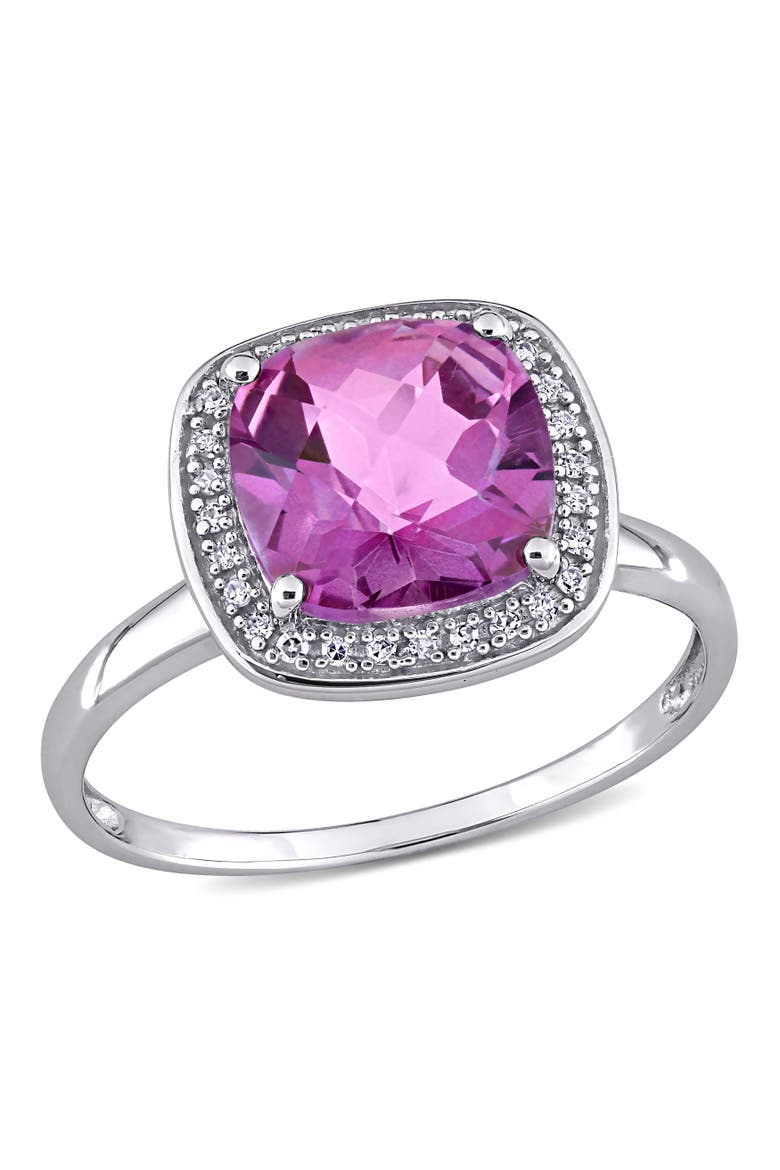 Pink Topaz & Diamond Cushion Halo Ring 10k, Main, color, Pink Topaz