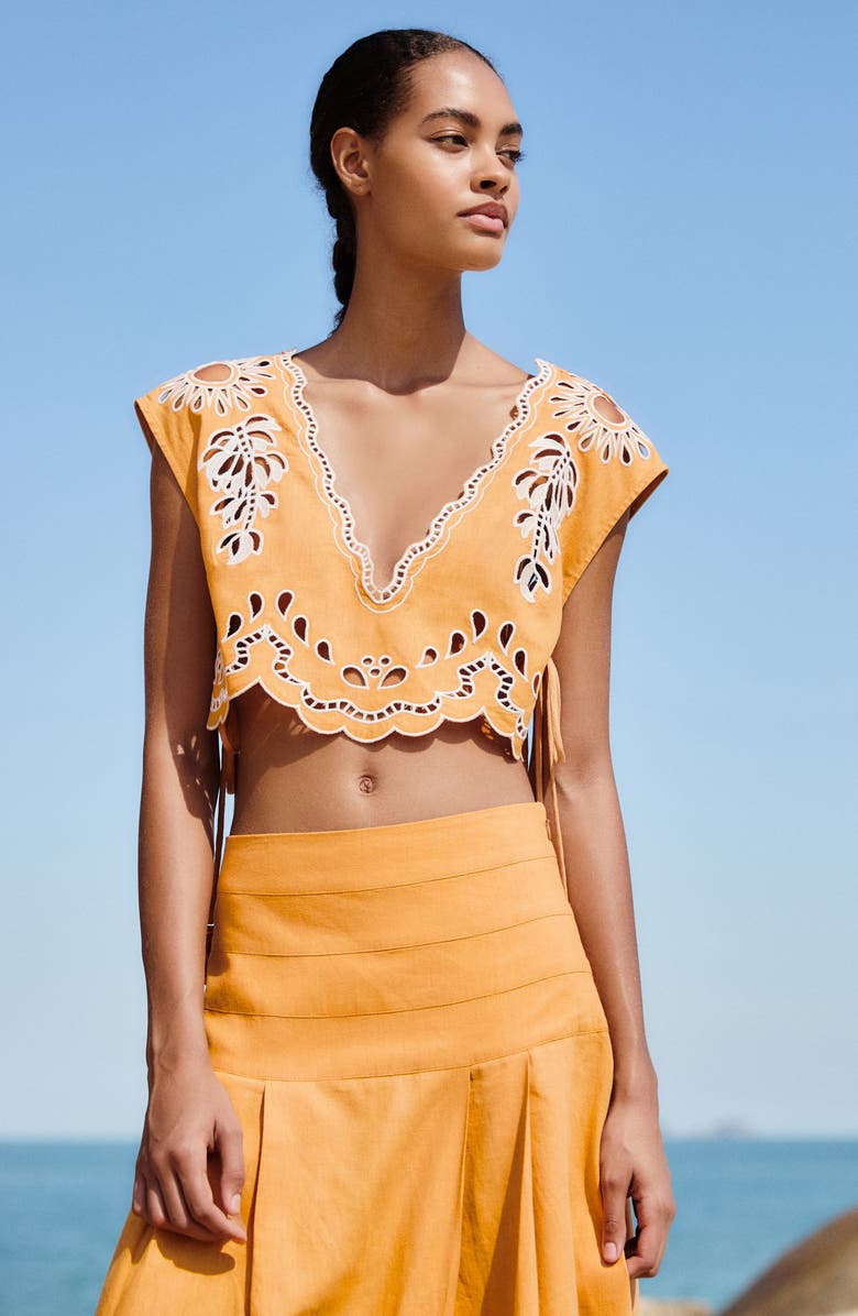 FARM Rio Embroidered Eyelet Crop Top, Alternate, color, Banana Tree Camel