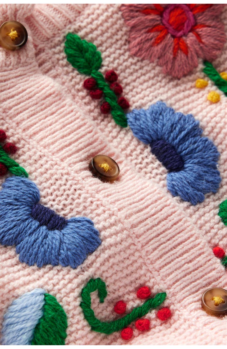 Mini Boden Kids' Floral Embroidered Balloon Sleeve Cotton Cardigan, Alternate, color, Chalk Pink