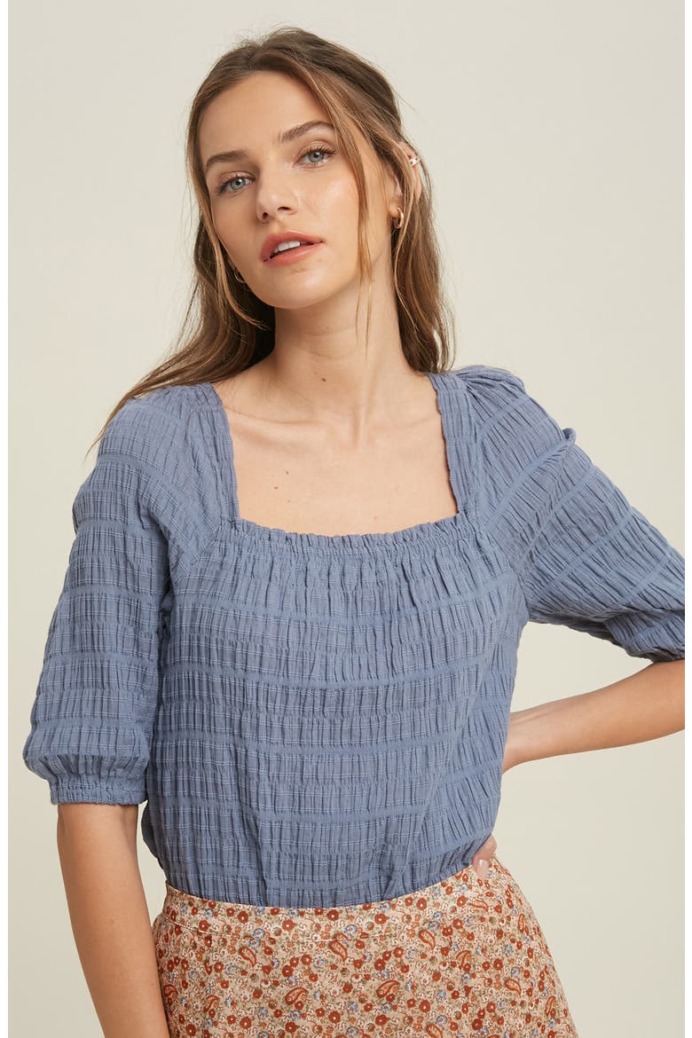 Textured Balloon Sleeve Top, Alternate, color, SEA BLUE