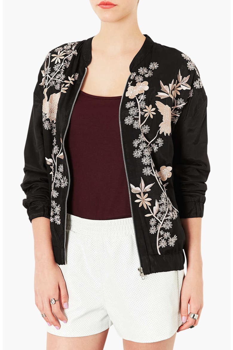 'Chinoiserie' Embroidered Bomber Jacket, Main, color, BLACK