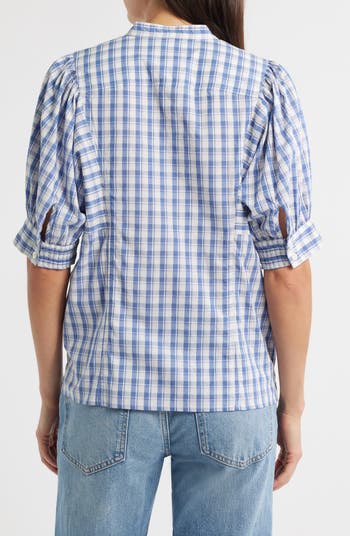 Plaid Puff Sleeve Band Collar Shirt