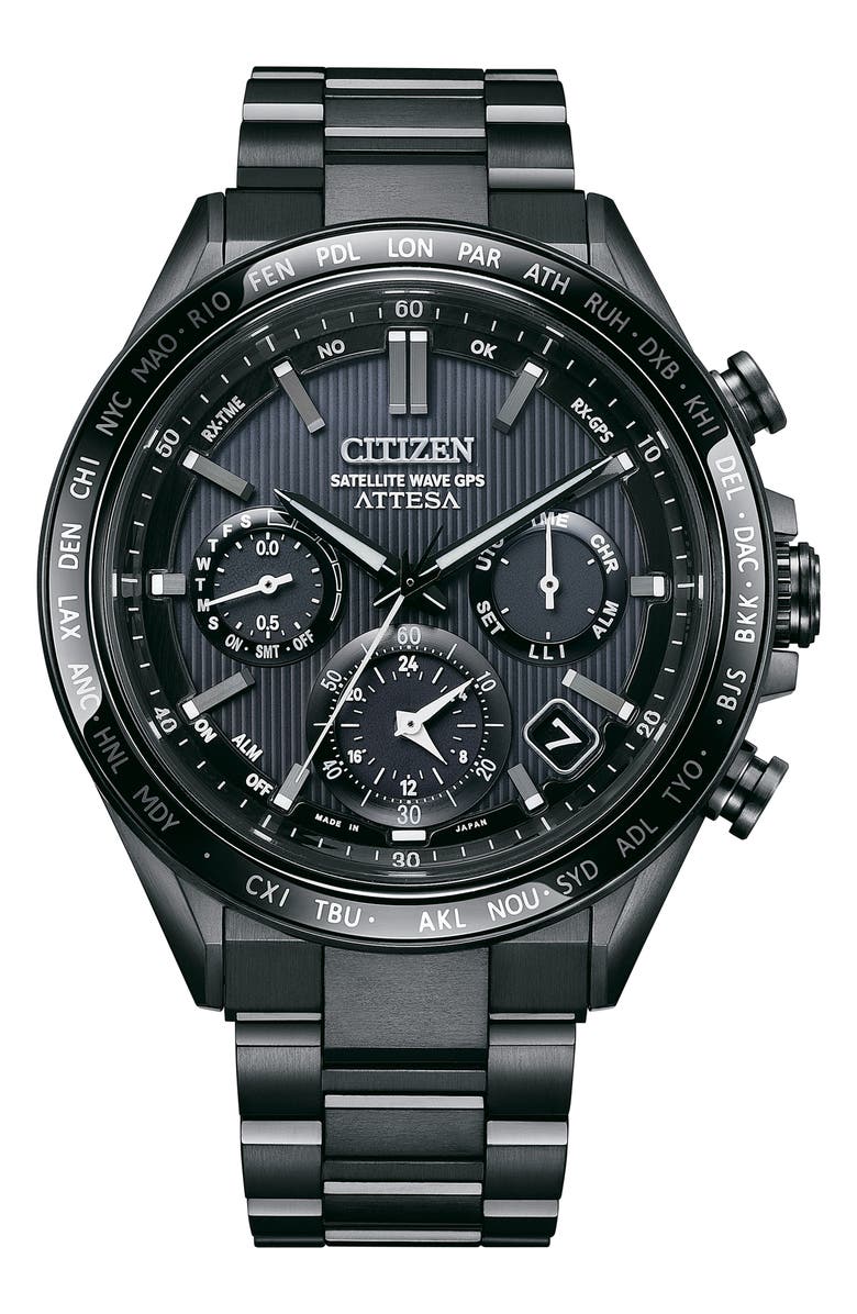 Citizen Attesa Satellite Wave GPS GMT Automatic Black Bracelet Watch, 44.6mm, Main, color, Black