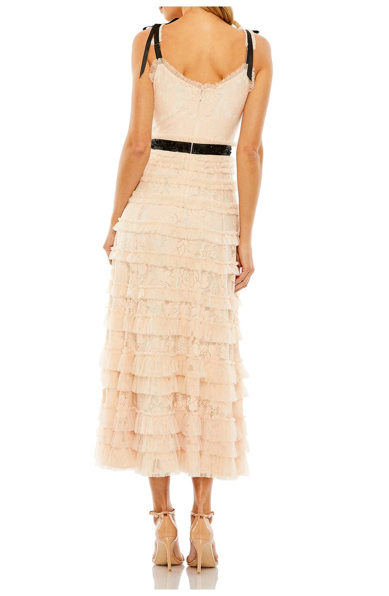 Mac Duggal Thin Beaded Bow Strap Multi Ruffle Lace Dress, Alternate, color, Porcelain