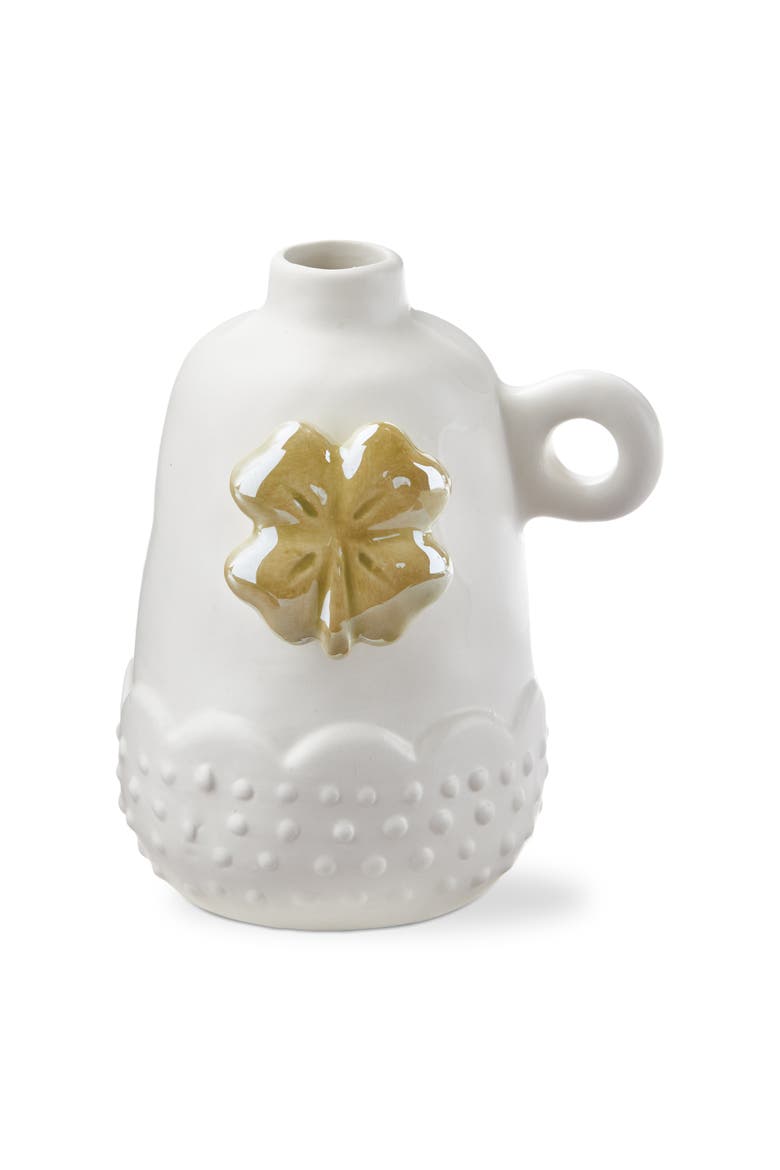 Four Leaf Clover Mini Bud Vase Green Earthenware 3 x 3.75 x 4.75 in, Main, color, White