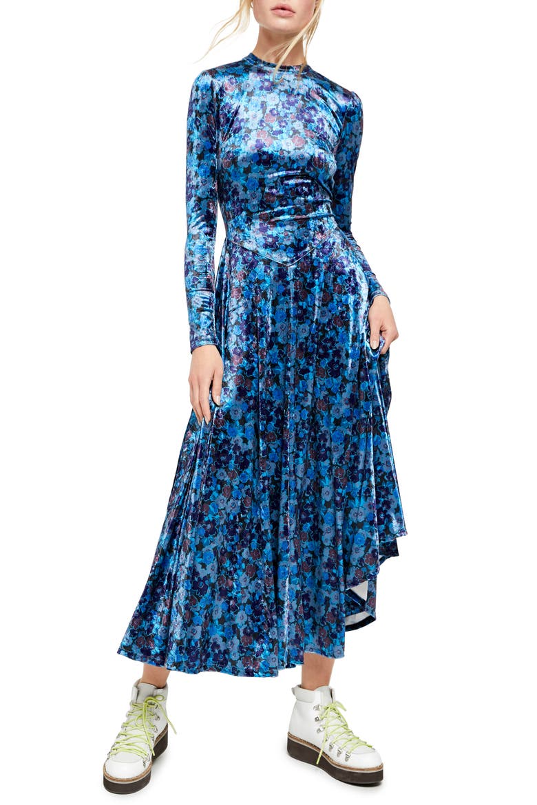 Heartland Long Sleeve Velvet Midi Dress, Main, color, ONYX COMBO