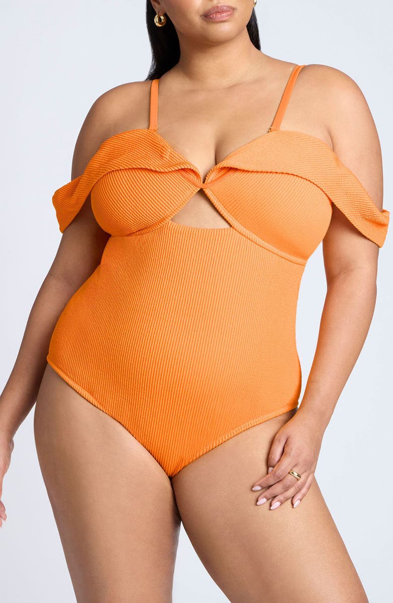 ELOQUII Texture Cold Shoulder One-Piece Swimsuit, Main, color, 