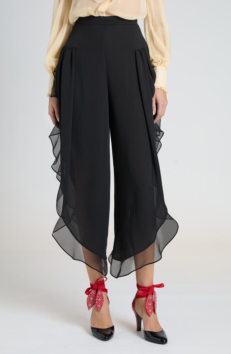 Valentino Garavani Ruffle Silk Georgette Pants, Main, color, Nero