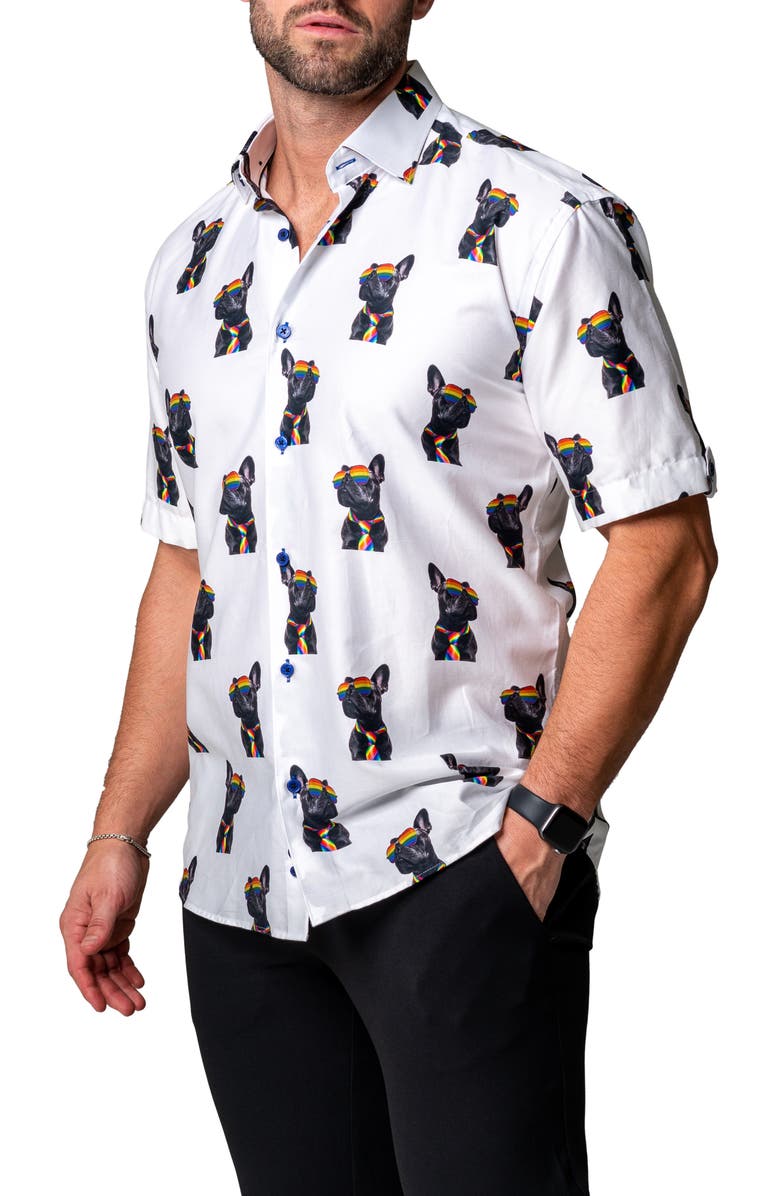 Maceoo Galileo Glasses Dog Regular Fit Short Sleeve Button-Up Shirt, Alternate, color, White