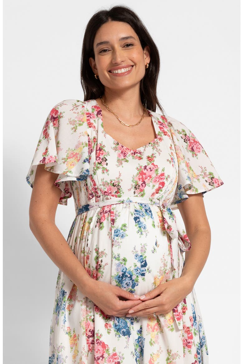 Floral Flutter Sleeve Maternity/Nursing Midi Dress, Alternate, color, FLORAL
