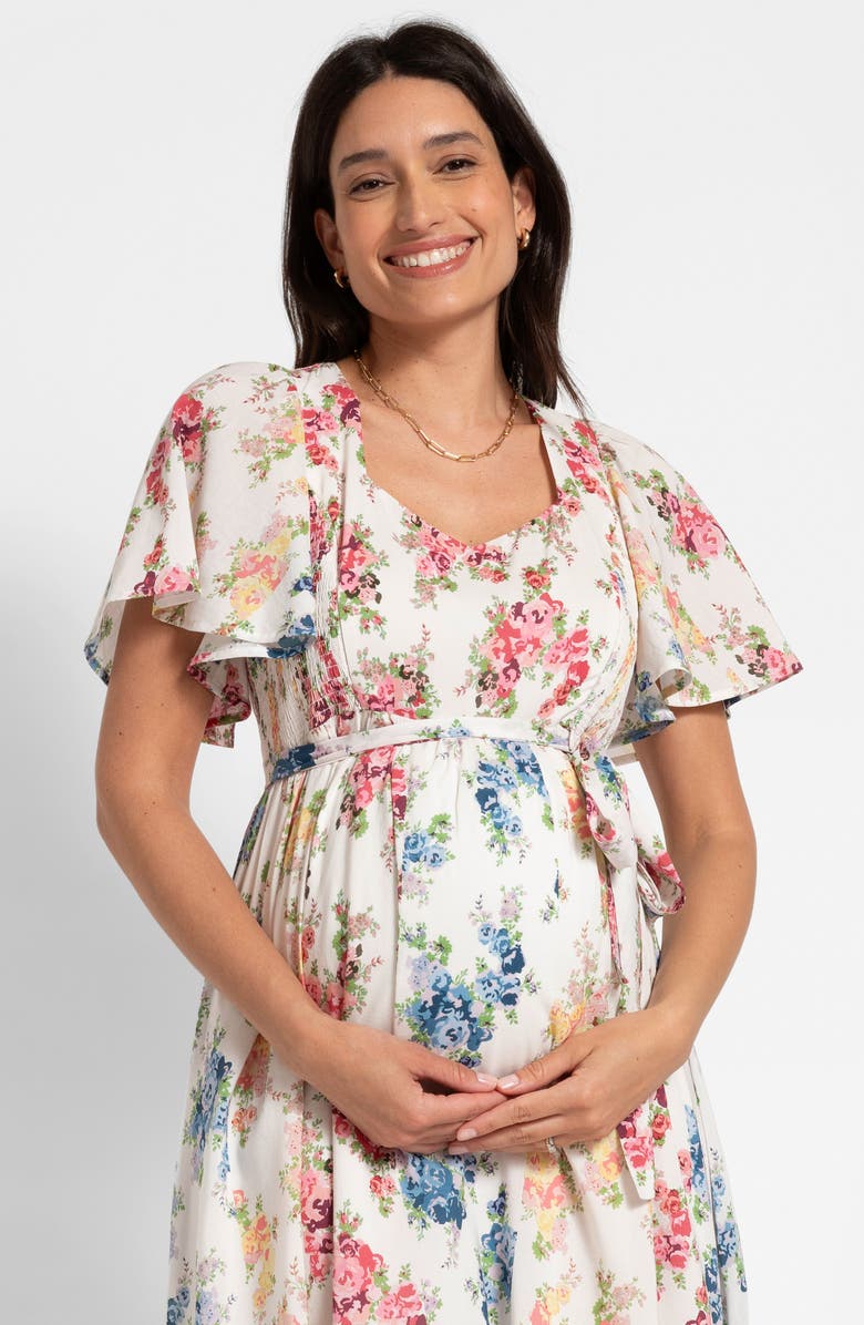 Seraphine Floral Flutter Sleeve Maternity/Nursing Midi Dress, Alternate, color, 