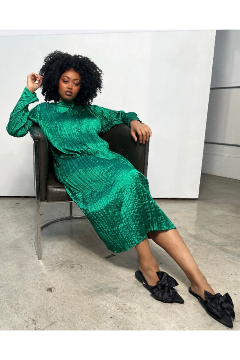 Lynda Reversible Satin Pleated Dress, Alternate, color, Emerald
